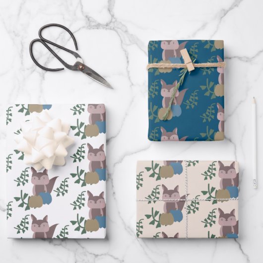 キツネ秋パンプキンズブルーベージュボホ ラッピングペーパーシート (正面)