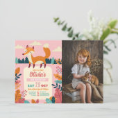 キツネ誕生日パーティーフォレストテーマフォトピンクガール 招待状 (スタンド正面)
