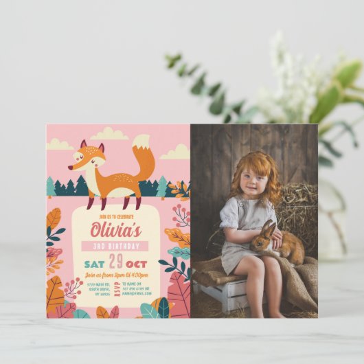 キツネ誕生日パーティーフォレストテーマフォトピンクガール 招待状 (スタンド正面)