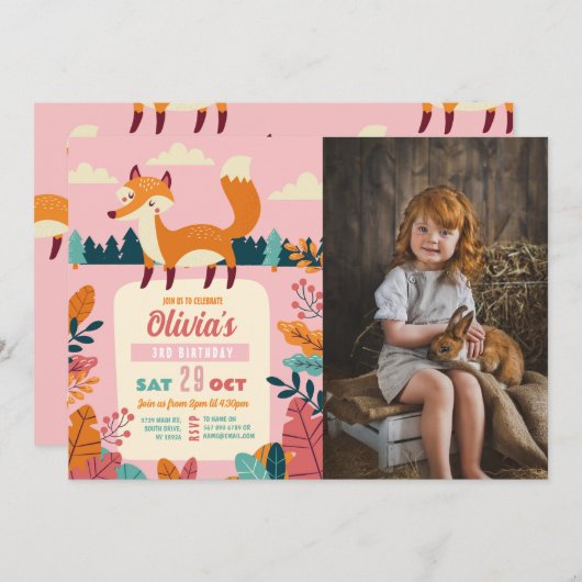 キツネ誕生日パーティーフォレストテーマフォトピンクガール 招待状 (正面/裏面)