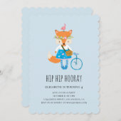 キツネ誕生日会。ベビーガール.アニマルキッズブルー 招待状 (正面/裏面)