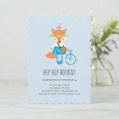 キツネ誕生日会。ベビーガール.アニマルキッズブルー 招待状 (スタンド正面)