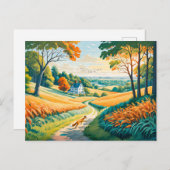 キツネ走の秋の農地でのフィールドパス ポストカード (正面/裏面)