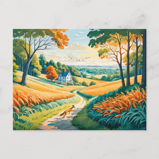 キツネ走の秋の農地でのフィールドパス ポストカード (正面)