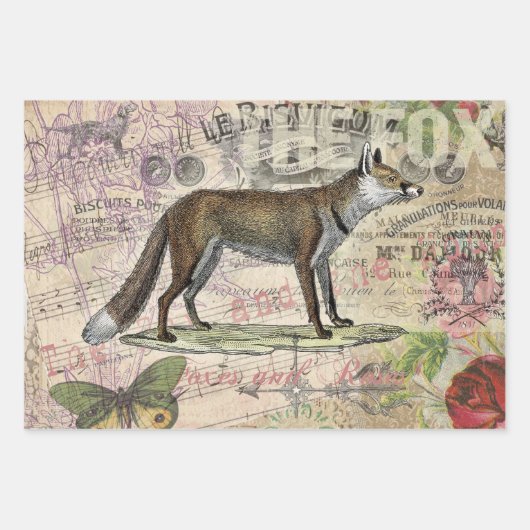 キツネ野生生物ヴィンテージ動物イラストレーション ラッピングペーパーシート (正面)