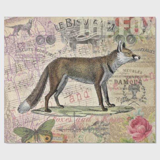 キツネ野生生物ヴィンテージ動物イラストレーション ラッピングペーパー (フラット)