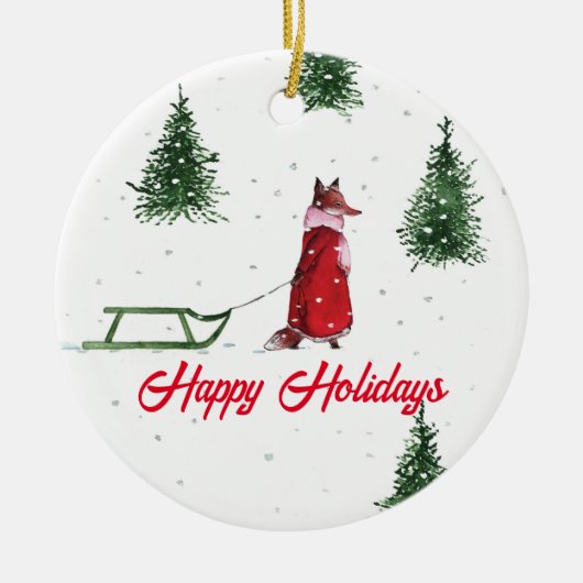 キツネ雪の冬のイラストレーションを駆け抜ける セラミックオーナメント (正面)