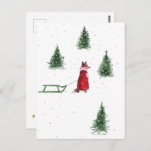 キツネ雪の冬のイラストレーションを駆け抜ける ポストカード (正面/裏面)