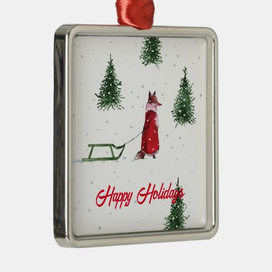キツネ雪の冬のイラストレーションを駆け抜ける メタルオーナメント (右)