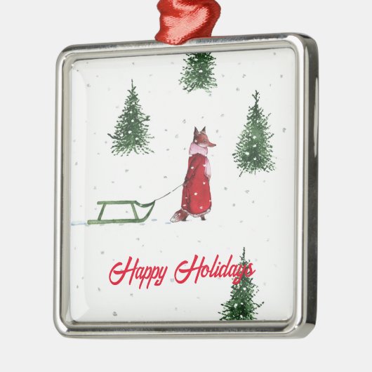 キツネ雪の冬のイラストレーションを駆け抜ける メタルオーナメント (左)