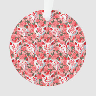 キツネ面とピンク色に咲く椿 オーナメント
