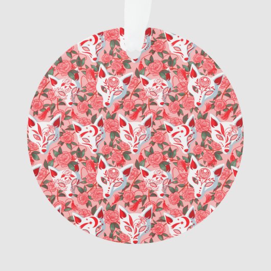 キツネ面とピンク色に咲く椿 オーナメント (正面)