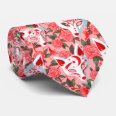 キツネ面とピンク色に咲く椿 ネクタイ (ロール)