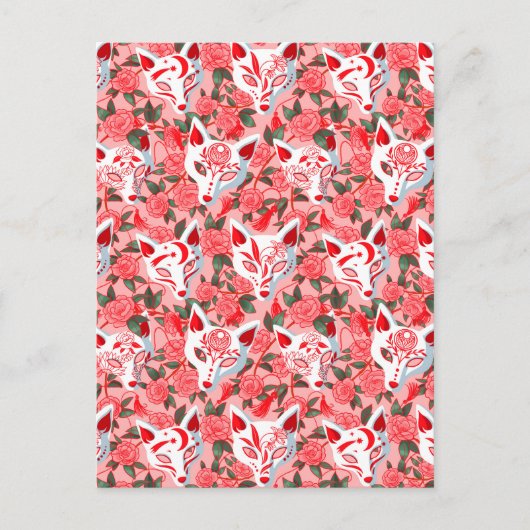 キツネ面とピンク色に咲く椿 ポストカード (正面)