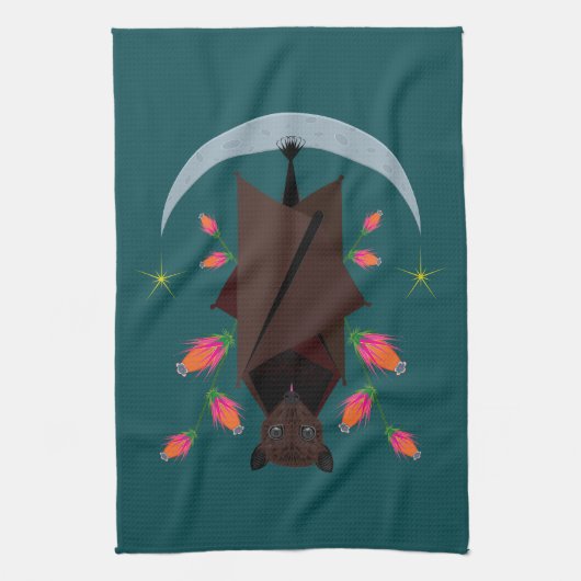 キツネ飛んでいるティール（緑がかった色）キッチンタオル キッチンタオル (縦)