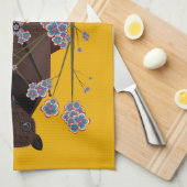 キツネ飛んでいるマスタードキッチンタオル キッチンタオル (四つ折り)