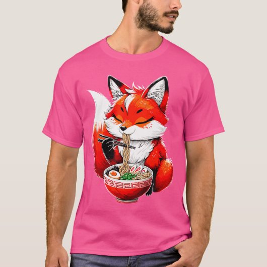 キツネ食べラーメン麺動物キツネ Tシャツ (正面)
