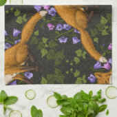 キツネ、キョウとツタ、緑、オレンジ、ビオール キッチンタオル (折り畳み)