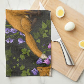 キツネ、キョウとツタ、緑、オレンジ、ビオール キッチンタオル (四つ折り)