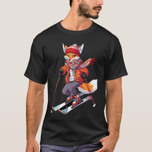 キツネ スキー スキーヤー 冬 雪 1 Tシャツ (正面)