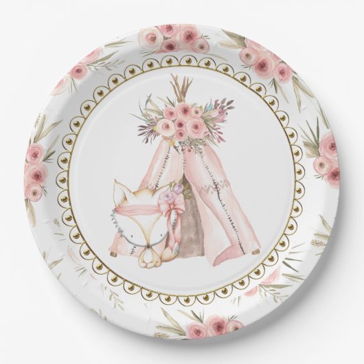 キツネ ティピーテント部族 ベビーシャワー 紙皿 (正面)