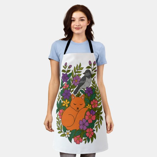 キツネ、ハトと花 エプロン (着用した状態)