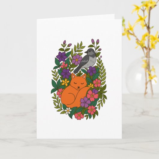 キツネ、ハトと花 カード (黄色い花)