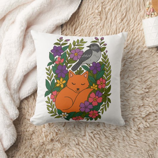 キツネ、ハトと花 クッション (ブランケット)
