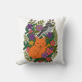 キツネ、ハトと花 クッション