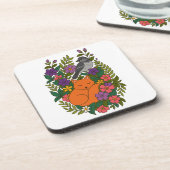 キツネ、ハトと花 コースター (左側)