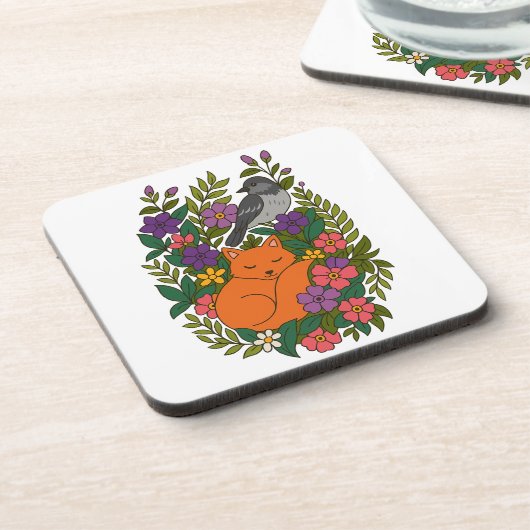 キツネ、ハトと花 コースター (左側)