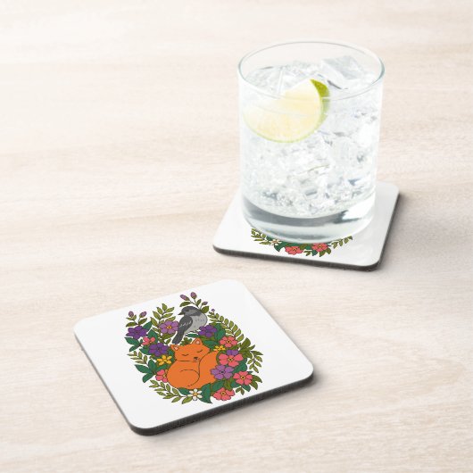 キツネ、ハトと花 コースター (右側)