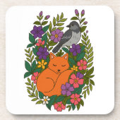キツネ、ハトと花 コースター (正面)