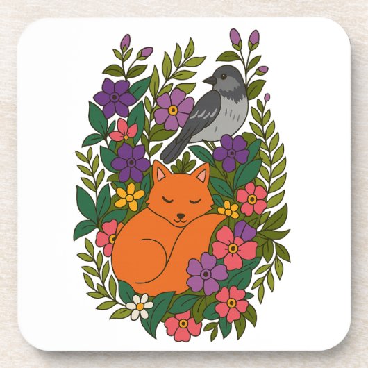 キツネ、ハトと花 コースター (正面)