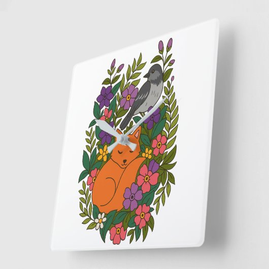 キツネ、ハトと花 スクエア壁時計 (傾斜)