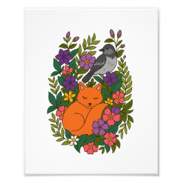 キツネ、ハトと花 フォトプリント           