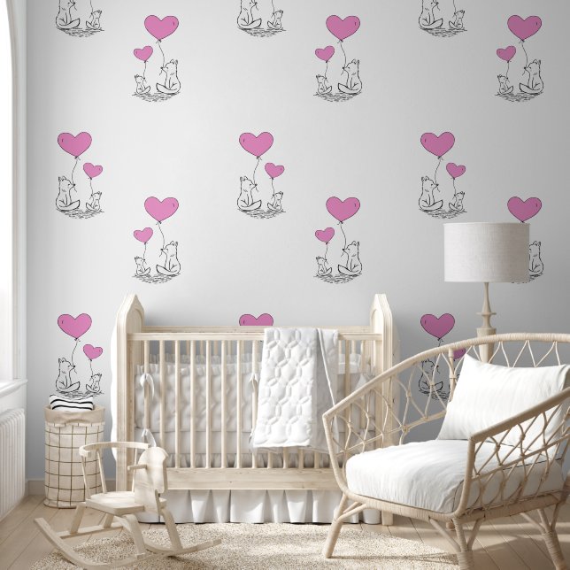 キツネ&ピンクハートバルーンデザイン 壁紙 (キッズ)