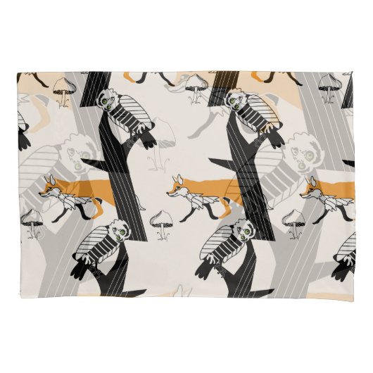 キツネ、フクロウ、木、ヴィンテージシームレス。 枕カバー (正面)