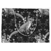 キツネ，ベルフラワーとツタ，モノクロ，シルバーウォール ラージペーパーバッグ (裏面)