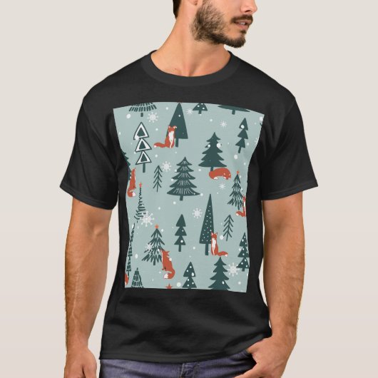 キツネ、モミ、冬、カラフル模様 Tシャツ (正面)