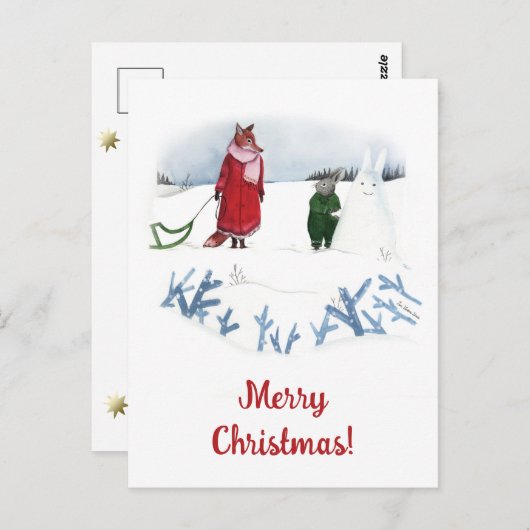 キツネ&ラビットウィンターイラストレーションクリスマス ポストカード (正面/裏面)