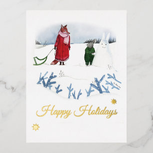 キツネ&ラビットウィンターイラストレーションクリスマス 箔シーズンポストカード