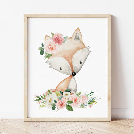 キツネ、森林動物、ボホ、ピンク色の花 フォトプリント           