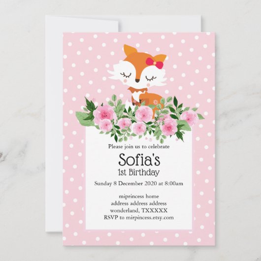 キツネ, 森, かわいい, 女の子らしい, 楽しい, おしゃれ, モダン, 招待状 (正面)