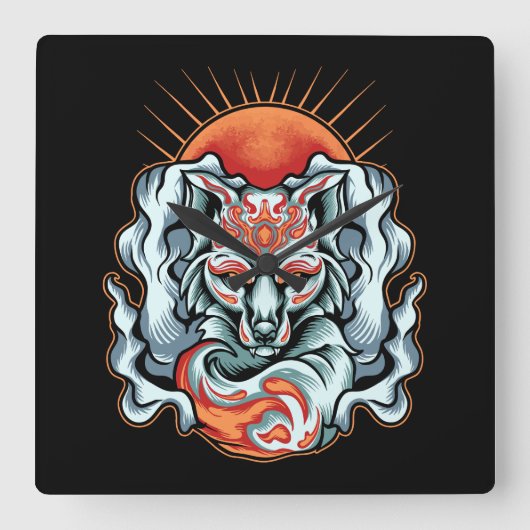 キツネ   狐角時計 スクエア壁時計 (正面)