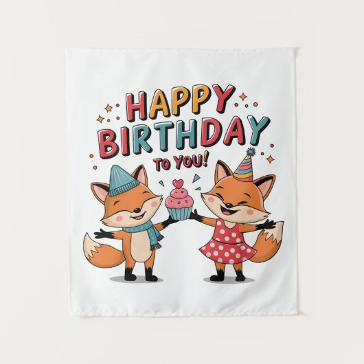 キツネ 誕生日おめでとう タペストリー (正面)