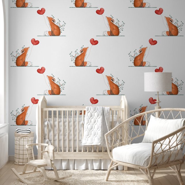 キツネ&赤いハートバルーンデザイン 壁紙 (キッズ)