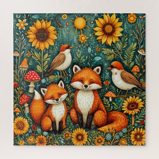 キツネ、鳥、ひまわりが描かれた森の風景 ジグソーパズル (縦)