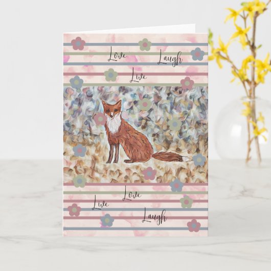 キツネWatercolorArt with Love, Live, Laugh pinks カード (黄色い花)