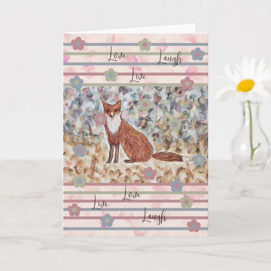 キツネWatercolorArt with Love, Live, Laugh pinks カード (小さな植物)